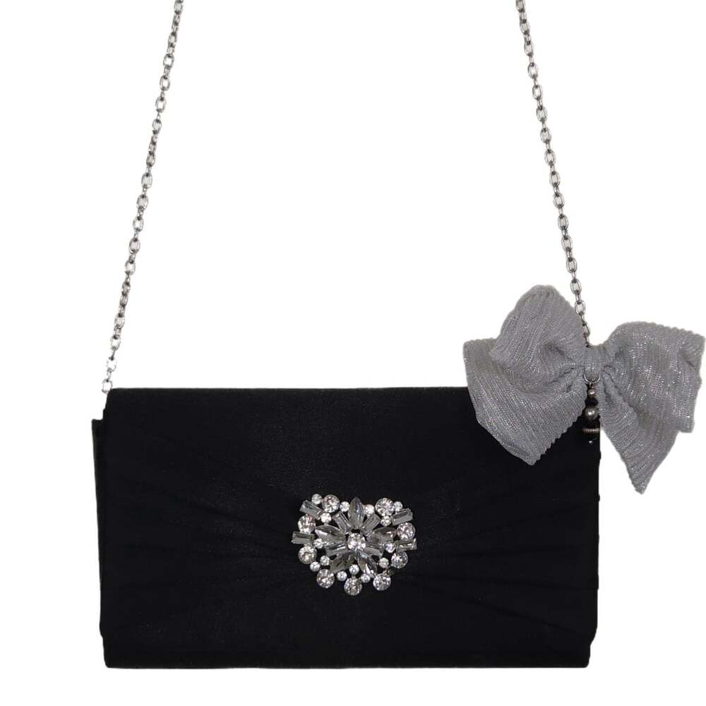 Mulian Lily Black Satin Rhinestone Clutch Crossbody With Silver Hair Bow